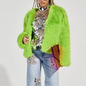 AKIRA Lime Faux Fur Coat Size Medium- Great for Mardi Gras or St. Patrick’s Day